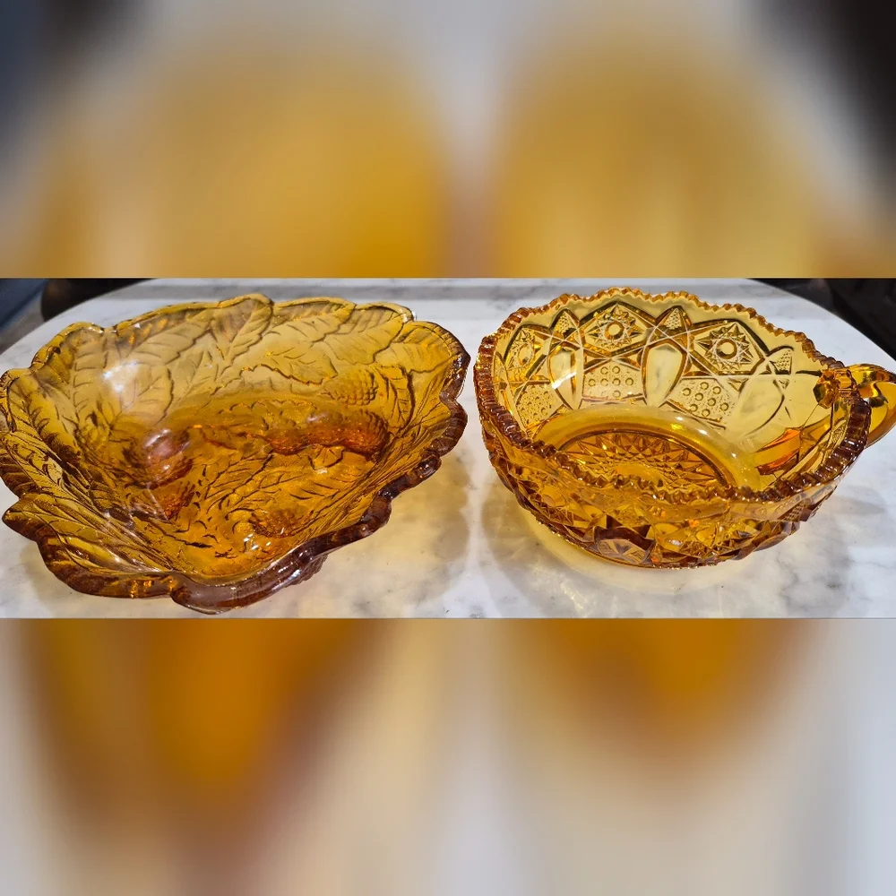 Set Of 2 Amber Carnival Glass Pieces, L.E. Smith Bowl, Indiana Triangle Dish - Picture 1 of 4